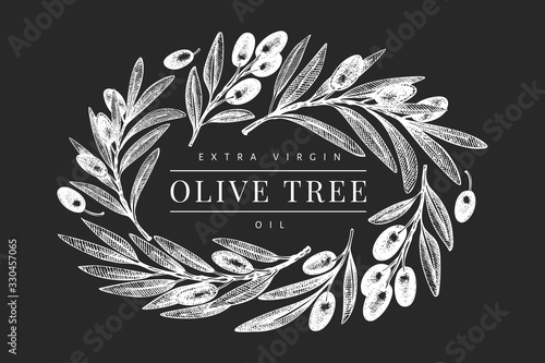 Olive branch design template. Hand drawn vector food illustration on chalk board. Engraved style mediterranean plant. Retro botanical picture.