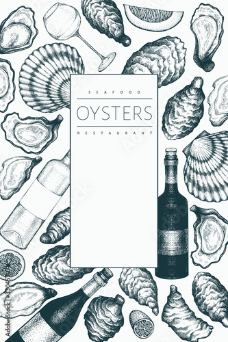 Oysters and wine design template. Hand drawn vector illustration. Seafood banner. Can be used for design menu, packaging, recipes, label, fish market, seafood products.