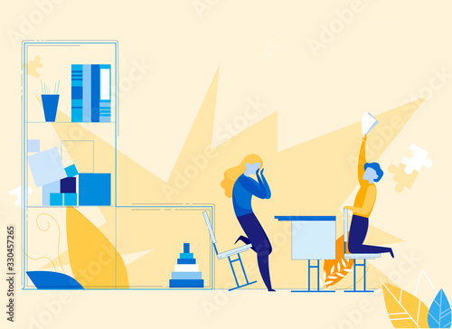 Hyperactive Children at School or Kindergarten Flat Cartoon Vector Illustration. Kids Sitting at Desk in Classroom. Girl Closing Face with Hands. Boy Standing on Knees and Holding Papers