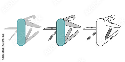 Multitool knife flat vector illustration. Set of three illustrations in different styles.