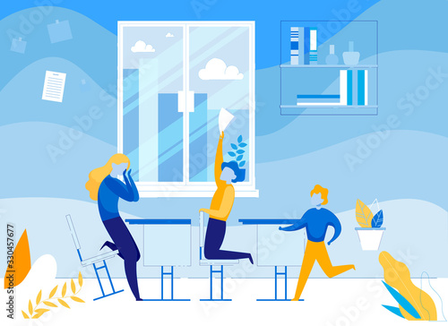 Aggressive Children Boys Bullying Girl Classmate in School. Children Bad Uncontrolled Behavior, Attention Deficit Hyperactivity Disorder Problem and Child Aggression. Flat Vector Illustration.