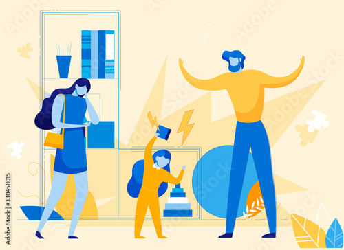 Features and Difficulties in Growth and Development Hyperactive Child. Mother and Father Trying to Manage Daughter with Attention Deficit Hyperactivity Disorder. Flat Cartoon Vector Illustration.