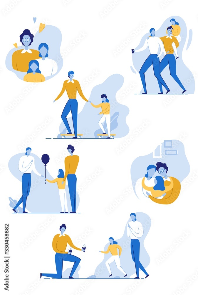 Family Day Concept Flat Cartoon Vector Illustration. Leisure, Active Walks. Happy People Spending Time Together. Mother, Father and Daughter Having Fun, Riding Skate, Eating Ice Cream, Hugging.