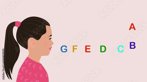 Learning the English alphabet. A cute girl with a long tail opens her mouth, blinks. Colorful letters fly and become in alphabetical order. Animation with included alpha channel. Children training