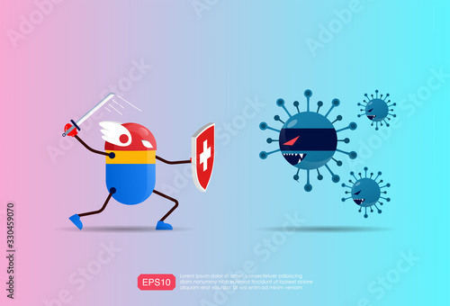 Funny cartoon character of drug capsule superhero fight against outbreak corona viruses. Power of medicine concept to cure disease or illness idea. vector illustration