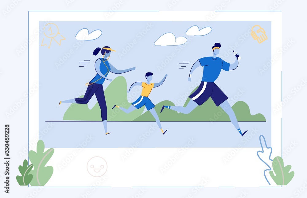 Photo Athletic Running Family, Healthy Lifestyle. Woman in Headphones and Sports Uniform, Man with Bottle and Boy Jogging on Nature Background, Marathon Training. Active Happy Childhood