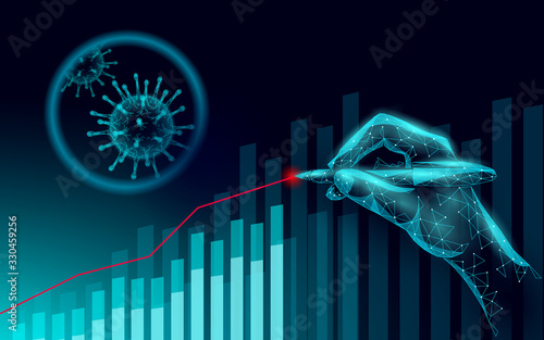 Growing graph coronavirus stats. Infection pneumonia hazard outbreak. 3D hand point low poly. International design. Against virus epidemic vector illustration