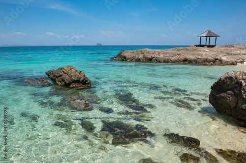 Sea view from tropical beach with sunny sky. Summer paradise beach of phuket island. Tropical shore. Tropical sea in phuket. Ocean beach relax, outdoor travel.Phuket,Thailand