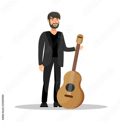 Man Guitar Performance Flat Vector Illustration. Handsome Musician with Musical Instrument Cartoon Character. Macho Boy, Male Singer, Guitarist, Preparing for Performance, Concert, Club Party