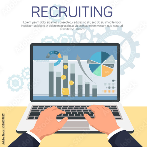 Man Hands Press Keys Laptop. Graphs and Charts on Monitor. Recruiting. Vector Illustration. Explore Workflow. Evaluate Professional Qualities. Recruitment Agency. Management and Organization.