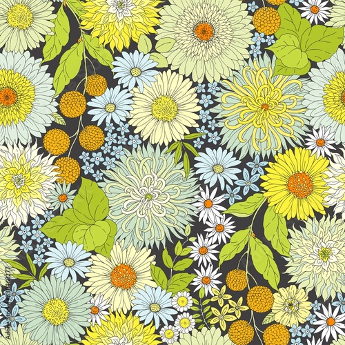 Seamless floral pattern with flowers and leaves pastel yellow, orange, blue and green colors. Vector illustration in vintage style on dark background.