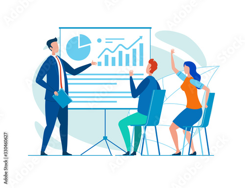 Man in Blue Business Suit and Red Tie, Conducting Seminar for Young Creative Audience, Being a Coach, or Being a Leader of Business Team, Brainstorming with Colleagues, Using Presentation with Graphs