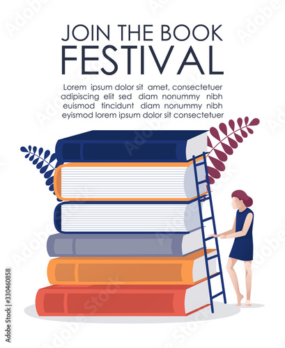 Invitation on Book Festival and Literature Event. Cartoon Poster with Advertising Text. Woman Librarian or Bookseller Flat Character Standing with Ladder near Huge Book Stack. Vector Illustration