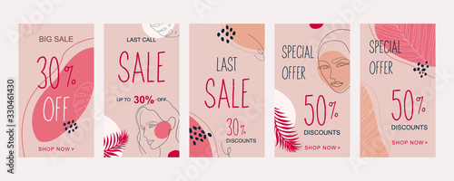 Set of abstract creative backgrounds in minimal trendy style with women face portrait in one line - design templates for social media stories (fashion, beauty, ets.): new arrival, new collection, sale