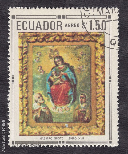 The Virgin Mary as Queen of Heaven and Child with Saints.Christian paintings and sculptures by local artists, stamp Ecuador 1968