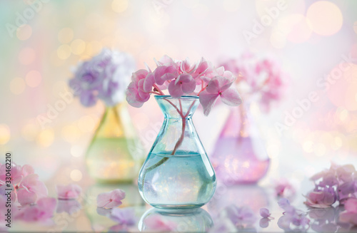 Bouquets of beautiful hydrangea in colorful glass vases over bokeh background...