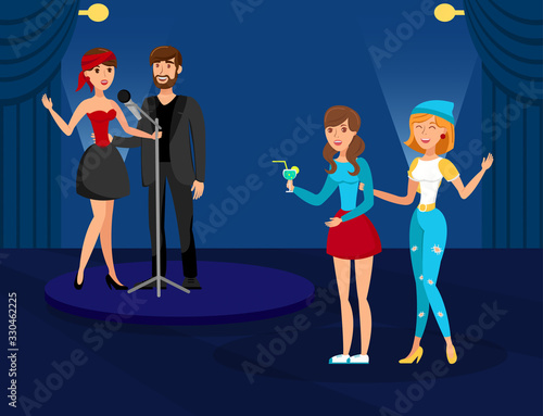 Night Club Karaoke Party Flat Vector Illustration. Rock Band, Duet Singing on Stage in Spotlight. Female and Male Performers Cartoon Characters. Guests, Visitors, Fans Enjoying Disco and Dancing