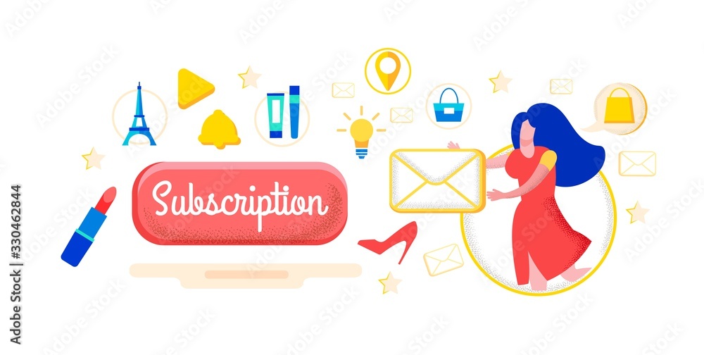Bright Banner Subscription to Updates Cartoon. Bright Design for Letters with Catalog from Online Stores. Girl Happily Receives Internet Catalogs by Mail. Sales Letter for Direct Sale.