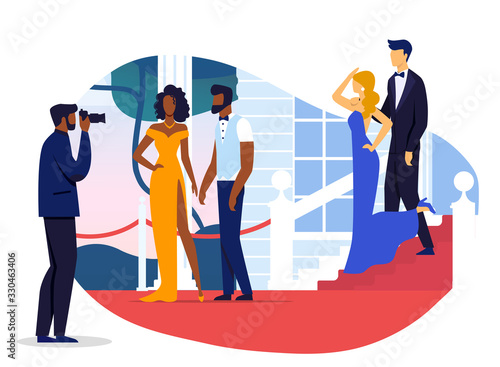 Celebrity Couples Photoshoot Vector Illustration. Young Famous Men and Women Cartoon Characters. VIP Pairs, Movie Stars in Fashionable Clothing Posing for Photographer. Prestigious Event Guests