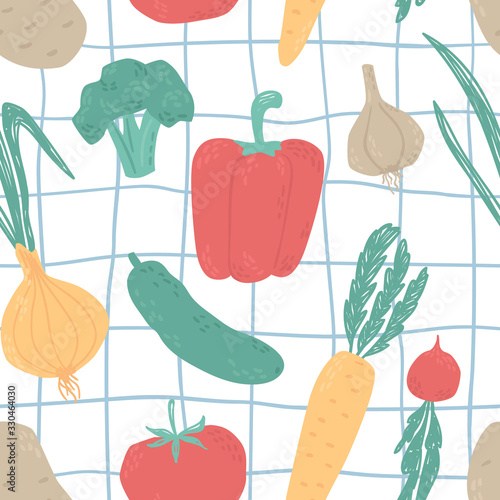 Fototapeta Cute vegetables seamless vector pattern. Broccoli, garlic, onions, zucchini, tomato, cucumber, potatoes, turnips, carrots, peppers, radishes food. Ready for print, perfect for nursery design