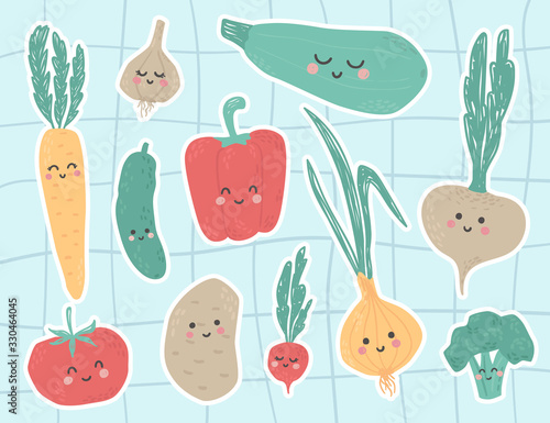 Cute vegetables stickers with faces and funny characters. Broccoli, garlic, onions, zucchini, tomato, cucumber, potatoes, turnips, carrots, peppers, radishes food. Ready for print, perfect for nursery