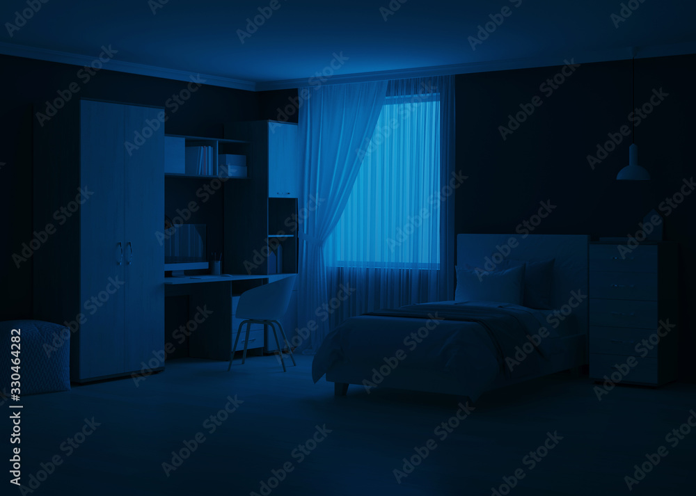Fototapeta premium Cozy stylish bedroom designed for a teenager. Night. Evening lighting. 3D rendering.