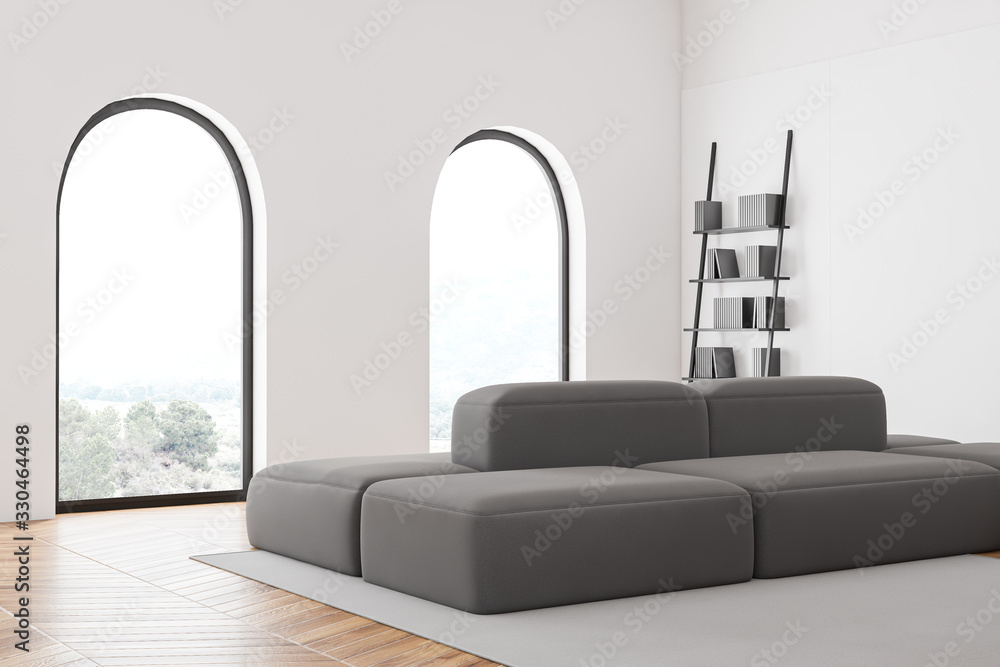 Arched window living room corner with sofa - obrazy, fototapety, plakaty 