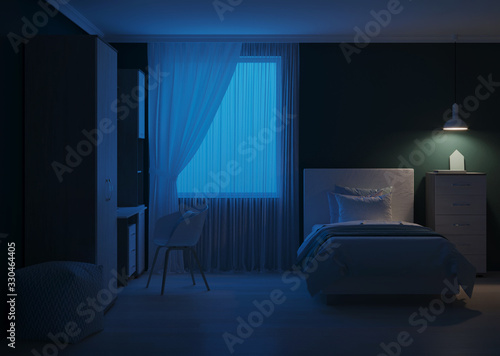 Cozy stylish bedroom designed for a teenager. Night. Evening lighting. 3D rendering.
