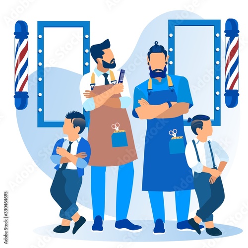 Couple of Stylish Baby Boys with Cool Haircut Visiting Barbershop Stand near Bearded Barbers Wearing Aprons Posing. Haircutting Beauty Club for Men Fashion Service Cartoon Flat Vector Illustration