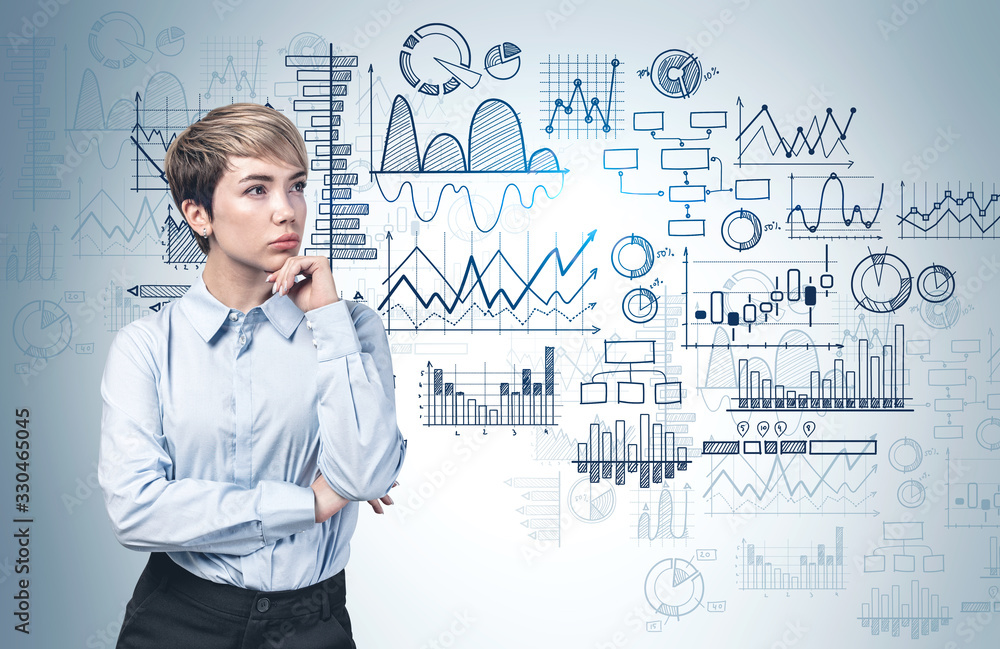 Pensive Asian businesswoman, graphs on wall Pensive Asian businesswoman, graphs on wall