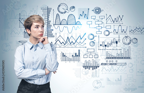 Pensive Asian businesswoman, graphs on wall