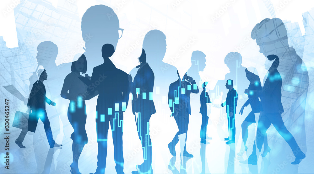 Business people in city, digital chart Business people in city, digital chart