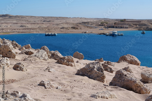 Boats in Red Sea near coast of Sharm El Sheikh city, Egypt