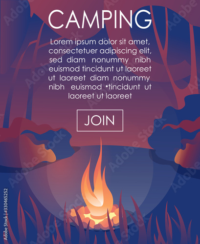 Advertising Text Banner Inviting Join to Camping. Cartoon Bonfire under Trees in Forest. Flat Natural Landscape and Starry Sky. Romantic Scene. Active Vacation and Rest on Nature. Vector Illustration