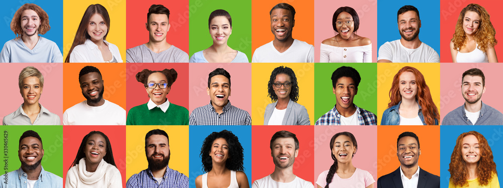 Set Of Happy Young People Portraits On Bright Colorful Backgrounds - obrazy, fototapety, plakaty 