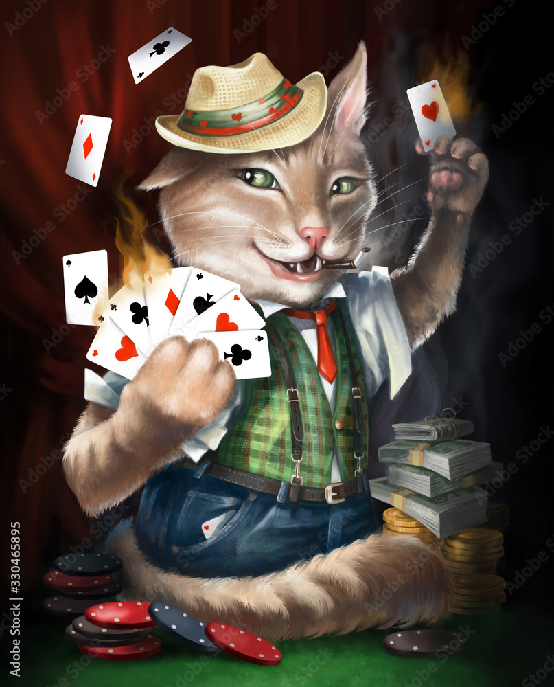 Cat card sharper plays cards in the casino. Digital illustration.