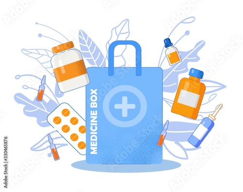 Online Pharmacy. Medical Box, Medications, Pills. Large Package with Medicine Jars, Sprays, Ampoules, Pills Blister and Foliage. Landing Web Page, Advertising Pharmaceutical Industry