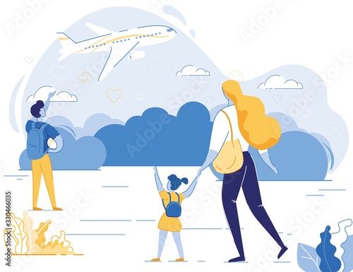 Mother Travelling with Little Daughter and Son Characters by Airplane. Happy Young Woman Stand with Children on Airport Terminal Background See Off Flying Aircraft. Cartoon Flat Vector Illustration