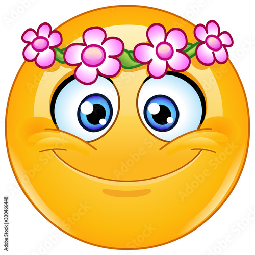 Happy emoji emoticon with flower head wreath