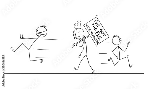 Vector cartoon stick figure drawing conceptual illustration of sick man with flu, walking on the street, while other people are running away afraid to be infected by coronavirus covid-19.