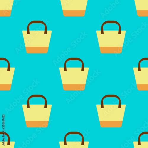 Seamless pattern with a yellow oval beach bag with a geometric pattern on a blue background.Bright summer pattern for textiles.For beachwear.Vector illustration.