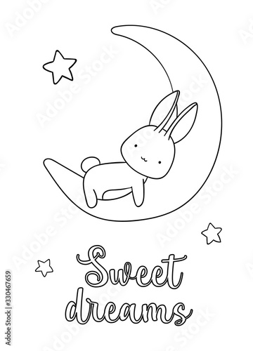 Coloring pages, black and white cute hand drawn bunny, moon and stars doodle, lettering sweet dreams