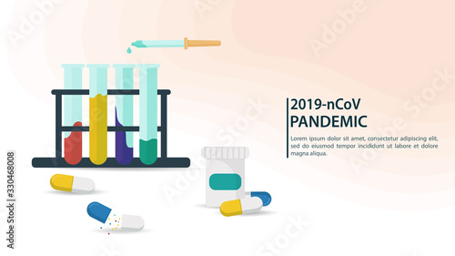 banner for the design of the COVID-2019 coronavirus pandemic 2019-nCoV virus tested in vitro vaccine drug development concept flat vector illustration