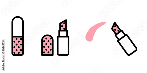 Vector set of makeup from closed, open and leaving lipstick. Vector lipstick icons in flat linear style with white and pink fill and black stroke isolated on white background