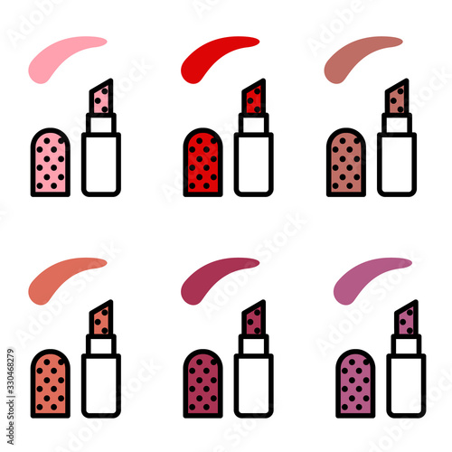 Vector set of lipstick icons in different colors. 6 lipstick icons in flat linear style with black stroke isolated on white background