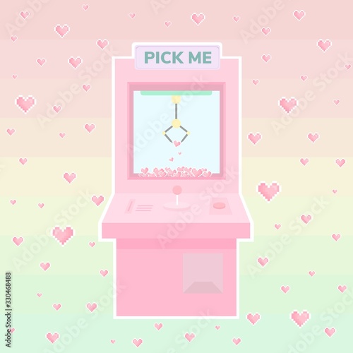 Cute pastel pink claw machine with 8-bit heart shape on pastel gradient background