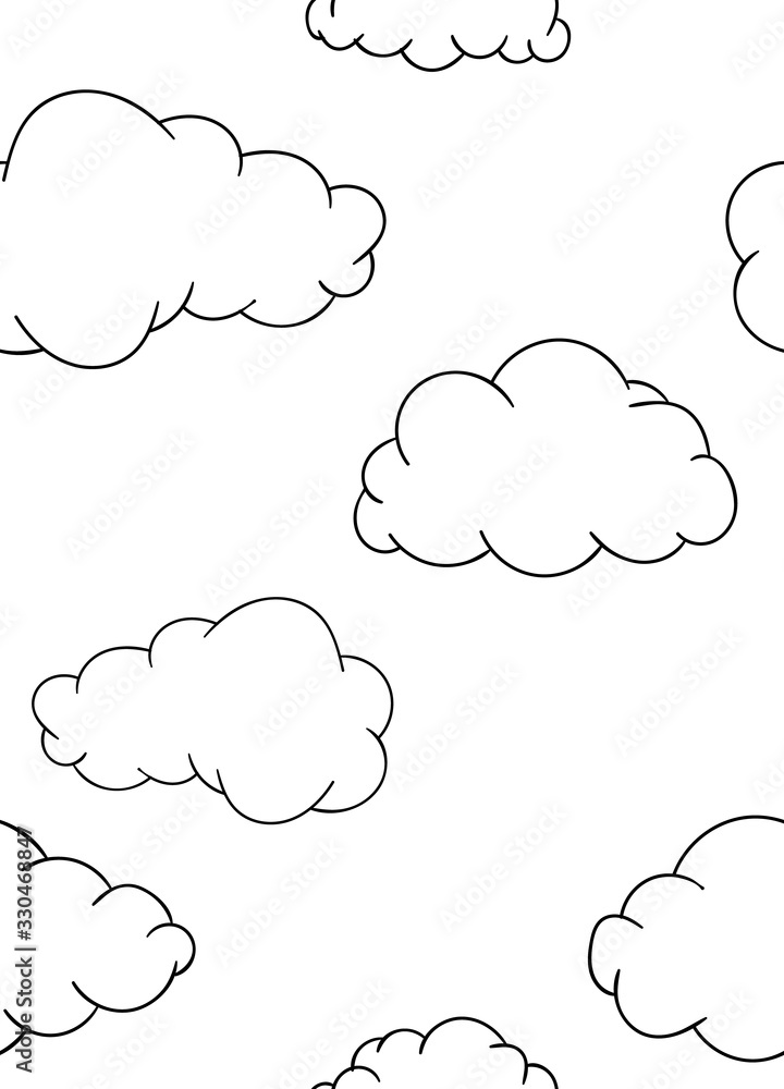 seamless pattern, black and white cute hand drawn cloud doodle, coloring pages