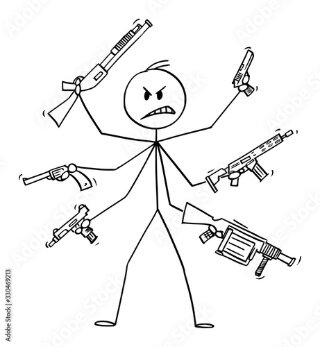 Vector cartoon stick figure drawing conceptual illustration of man with six arms holding weapons like pistol,rifle,grenade launcher and sub-machine gun.Concept of fight and violence.
