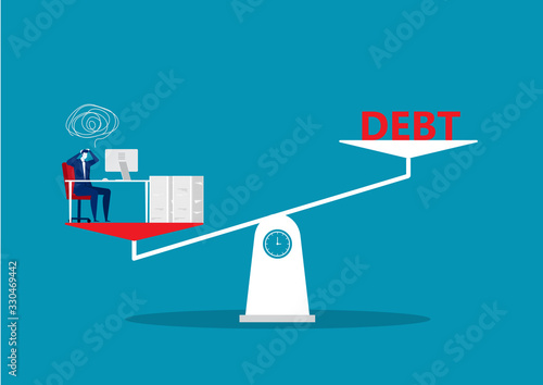 Businessman hard work with debt word on the scales. Vector illustration