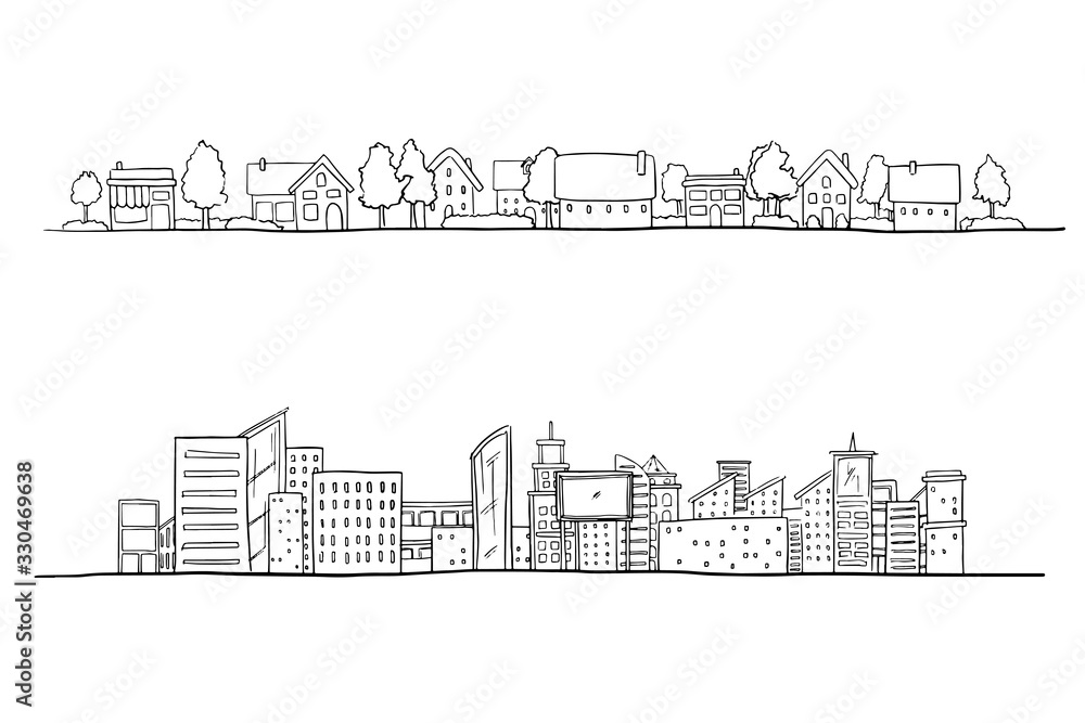 Hand Drawing of City. Country and Urban Area.